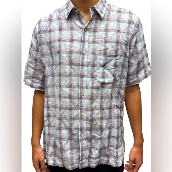 🔥🌴TASSO ELBA Island linen blend shirt Size L. Grayish background w/ plum/pink - Picture 1 of 8